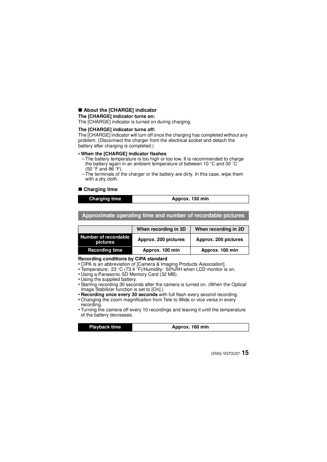 Panasonic DMC-3D1 owner manual Charging time 