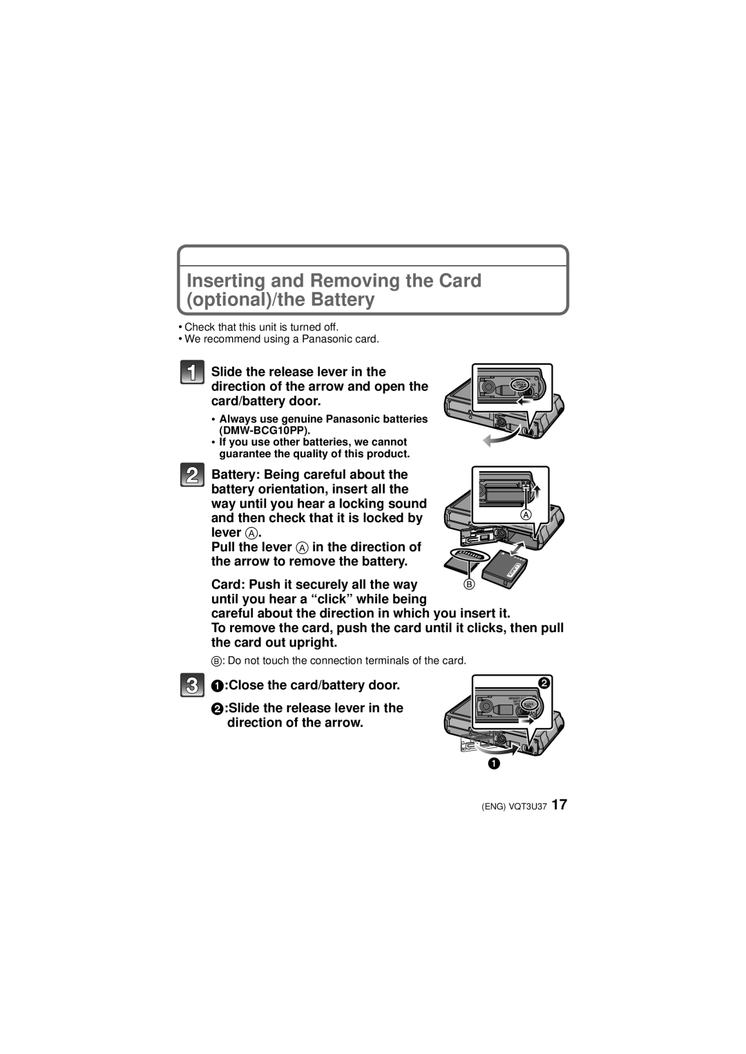 Panasonic DMC-3D1 owner manual Inserting and Removing the Card optional/the Battery 