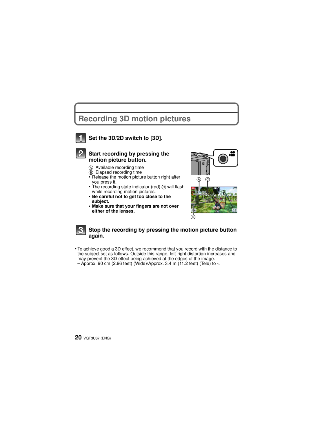 Panasonic DMC-3D1 owner manual Recording 3D motion pictures 