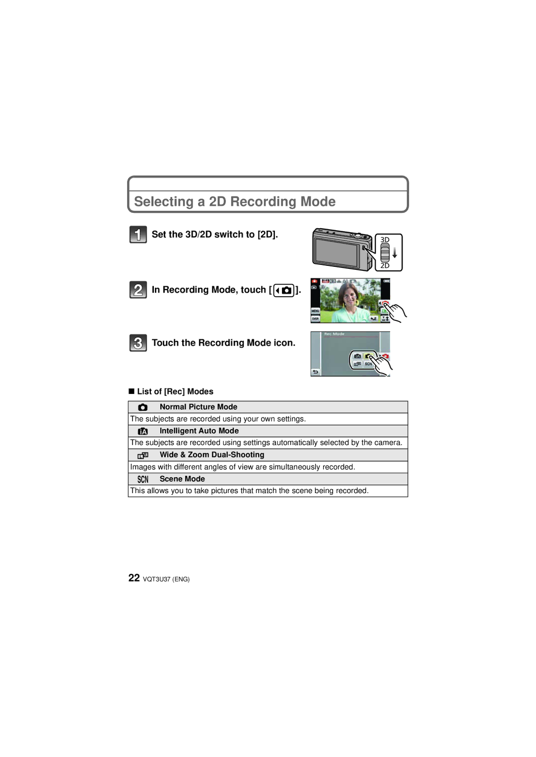 Panasonic DMC-3D1 owner manual Selecting a 2D Recording Mode, List of Rec Modes 