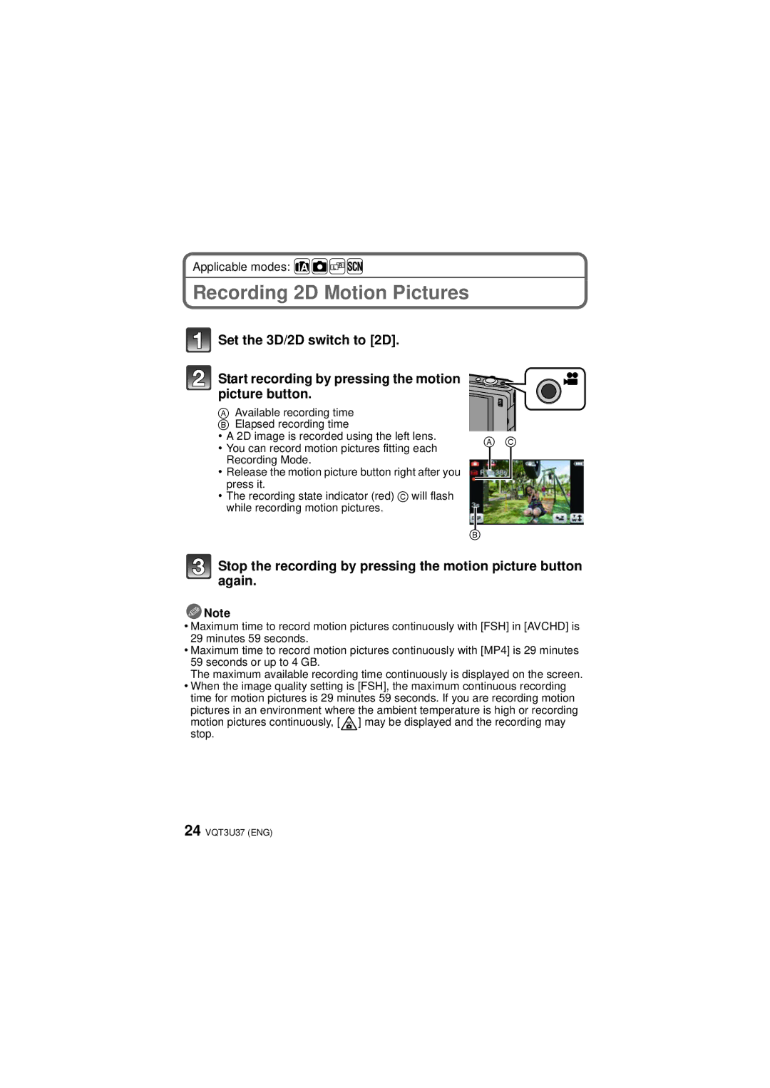 Panasonic DMC-3D1 owner manual Recording 2D Motion Pictures 