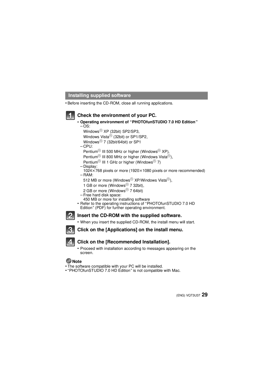 Panasonic DMC-3D1 owner manual Installing supplied software, Operating environment of PHOTOfunSTUDIO 7.0 HD Edition 