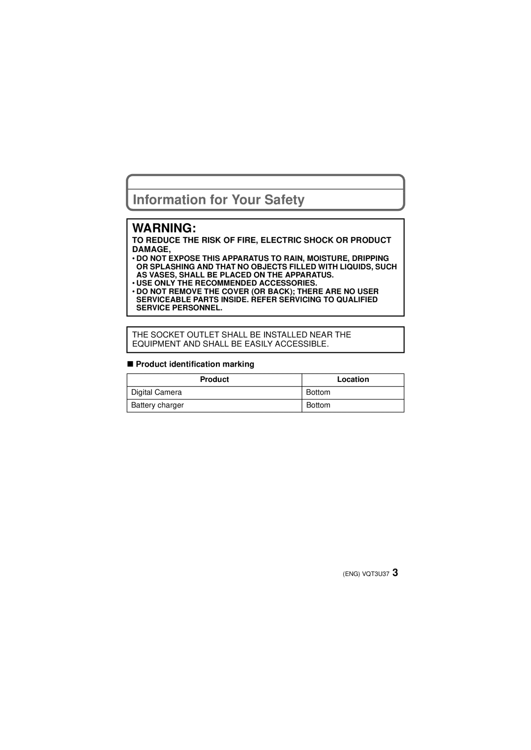 Panasonic DMC-3D1 owner manual Information for Your Safety, Product identification marking, Product Location 