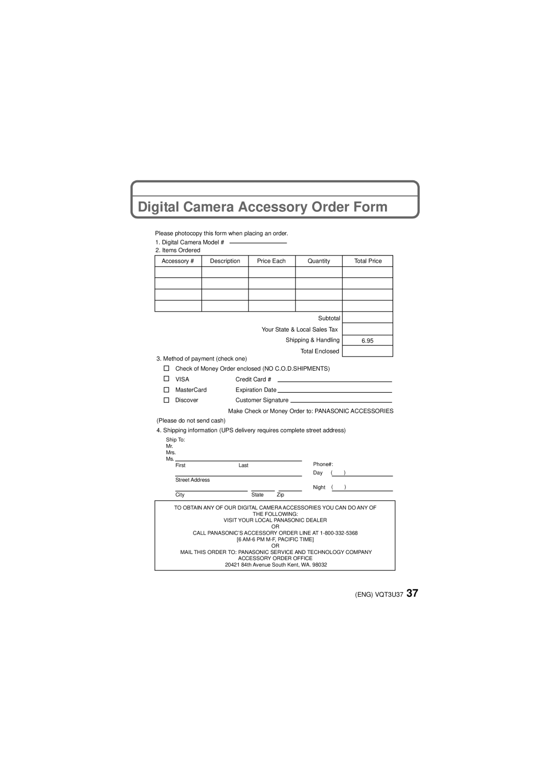 Panasonic DMC-3D1 owner manual Digital Camera Accessory Order Form, Visa 