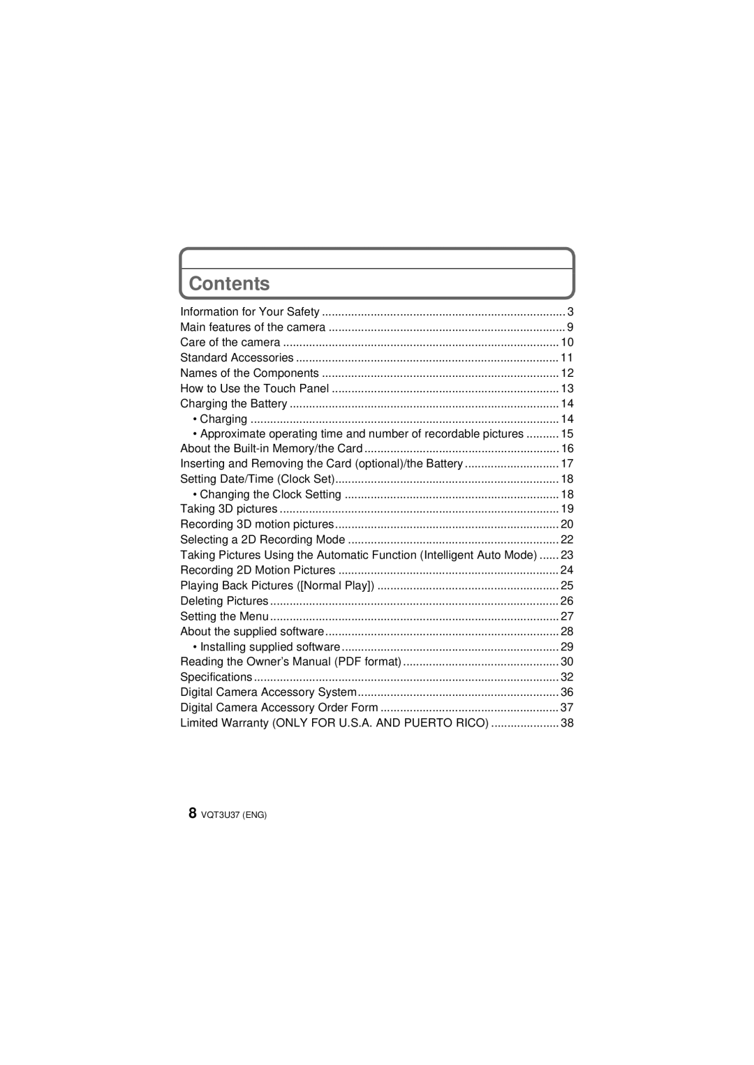 Panasonic DMC-3D1 owner manual Contents 