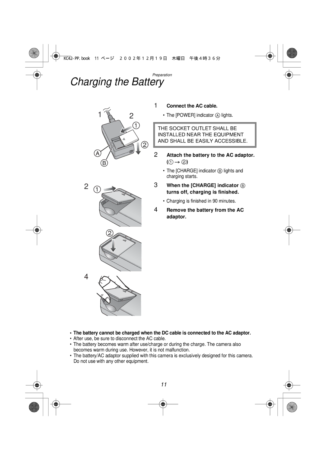 Panasonic DMC-F1PP manual Charging the Battery, Connect the AC cable, Attach the battery to the AC adaptor 