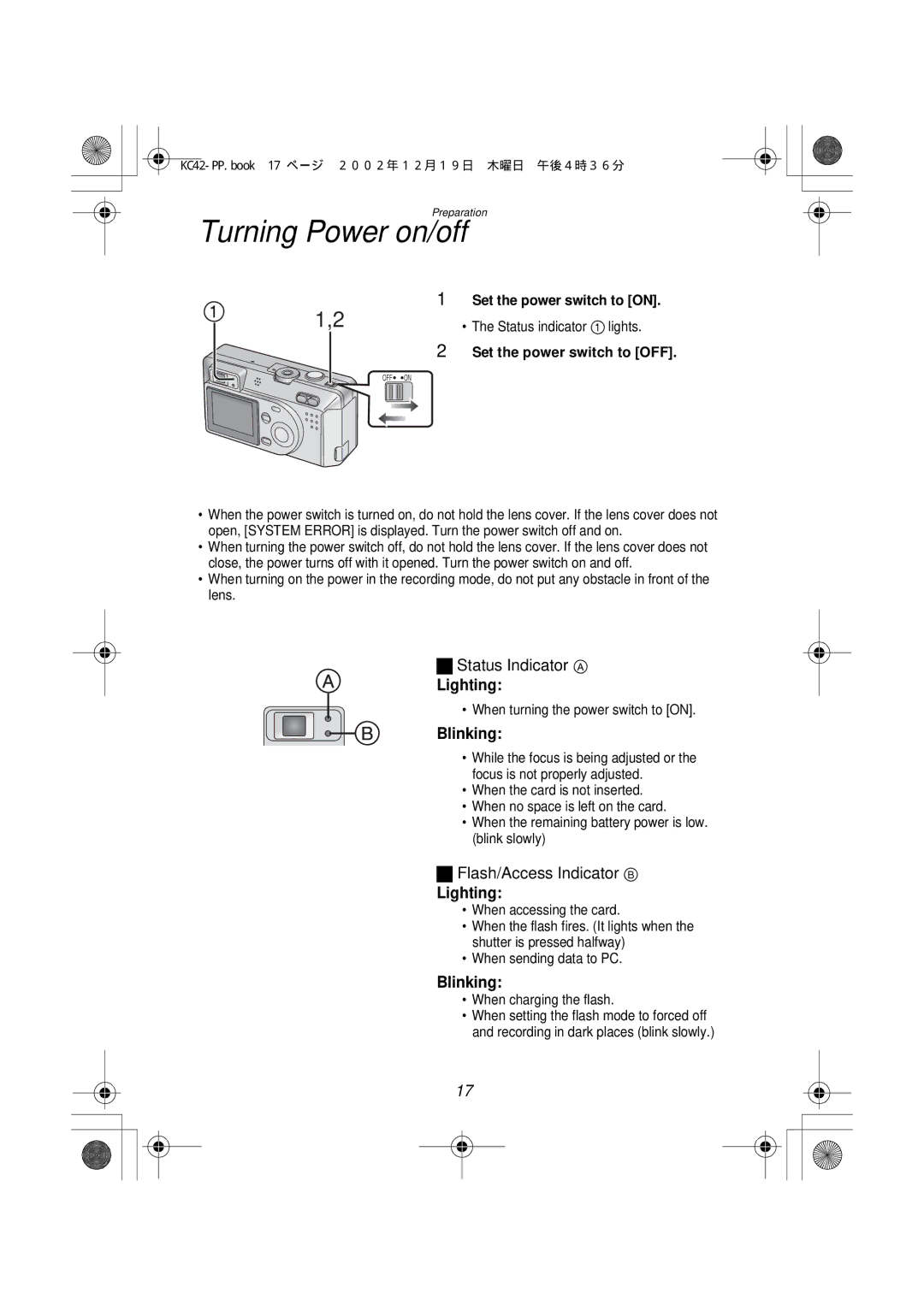 Panasonic DMC-F1PP manual Turning Power on/off, Lighting, Blinking, Set the power switch to on 