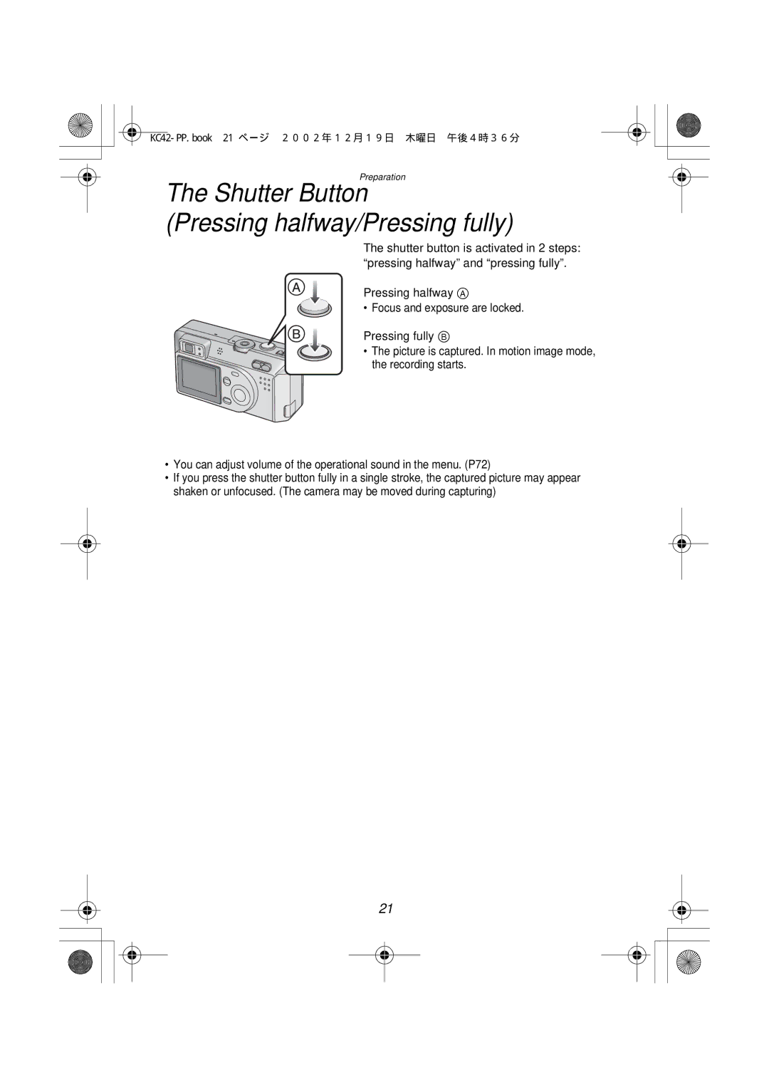 Panasonic DMC-F1PP manual Shutter Button Pressing halfway/Pressing fully 