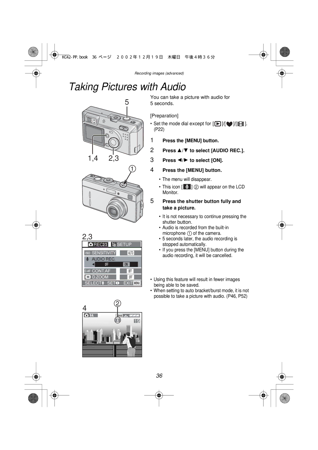 Panasonic DMC-F1PP manual Taking Pictures with Audio, Press the shutter button fully and take a picture 