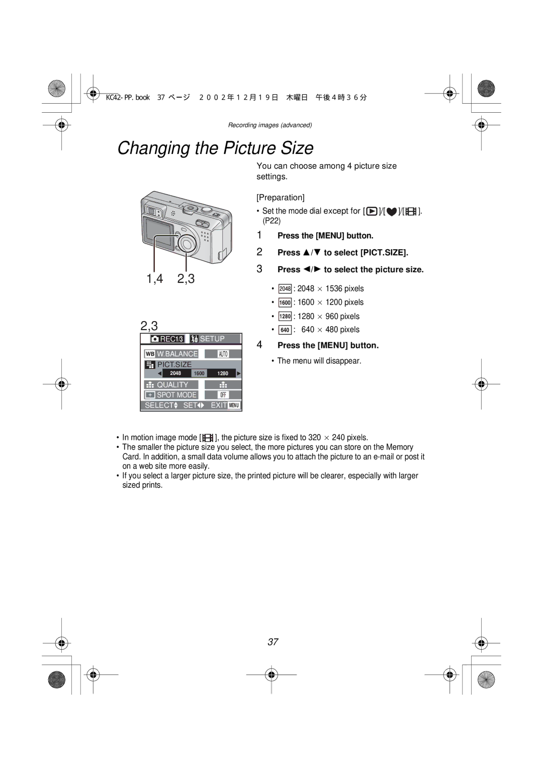 Panasonic DMC-F1PP manual Changing the Picture Size, Press the Menu button 