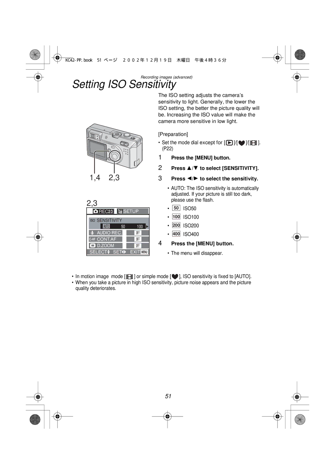 Panasonic DMC-F1PP manual Setting ISO Sensitivity 