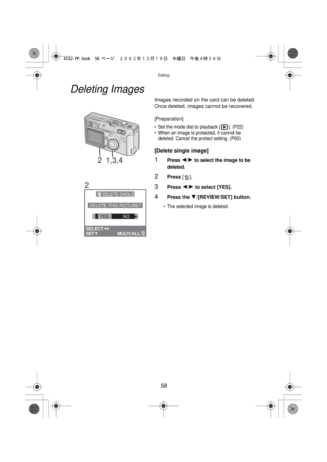 Panasonic DMC-F1PP manual Deleting Images, 3,4, Delete single image, Selected image is deleted 