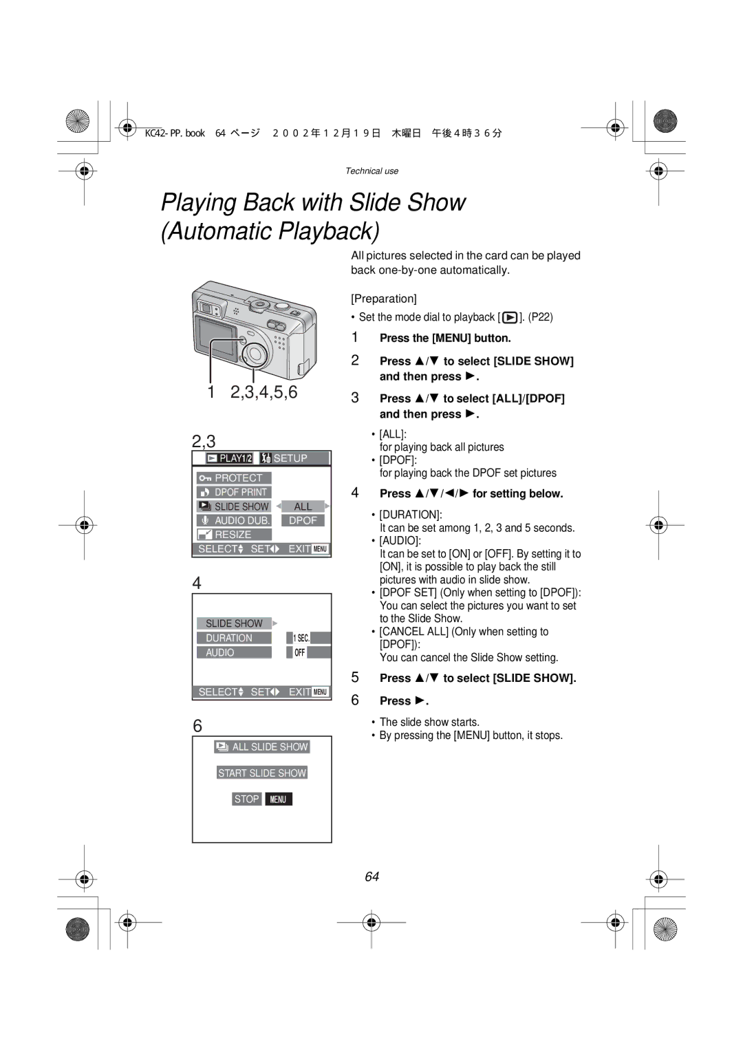 Panasonic DMC-F1PP Playing Back with Slide Show Automatic Playback, 3,4,5,6, Press 3/4 to select ALL/DPOF and then press 