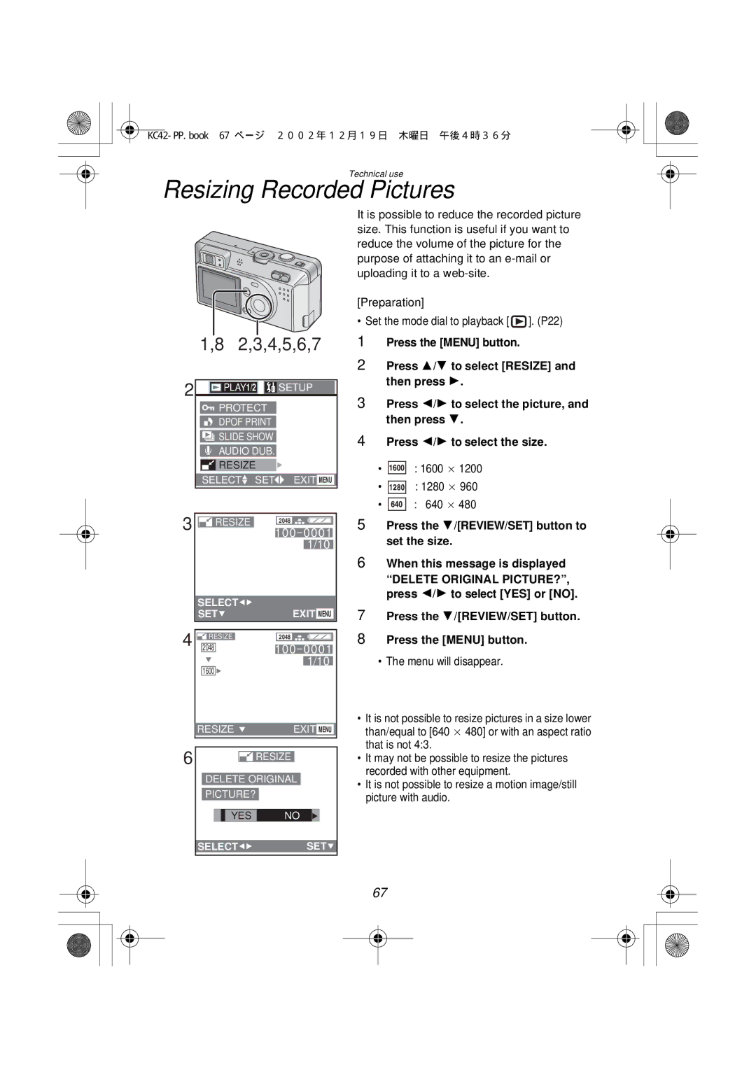 Panasonic DMC-F1PP manual Resizing Recorded Pictures, 2,3,4,5,6,7, 1600 a 1280 a 640 a 