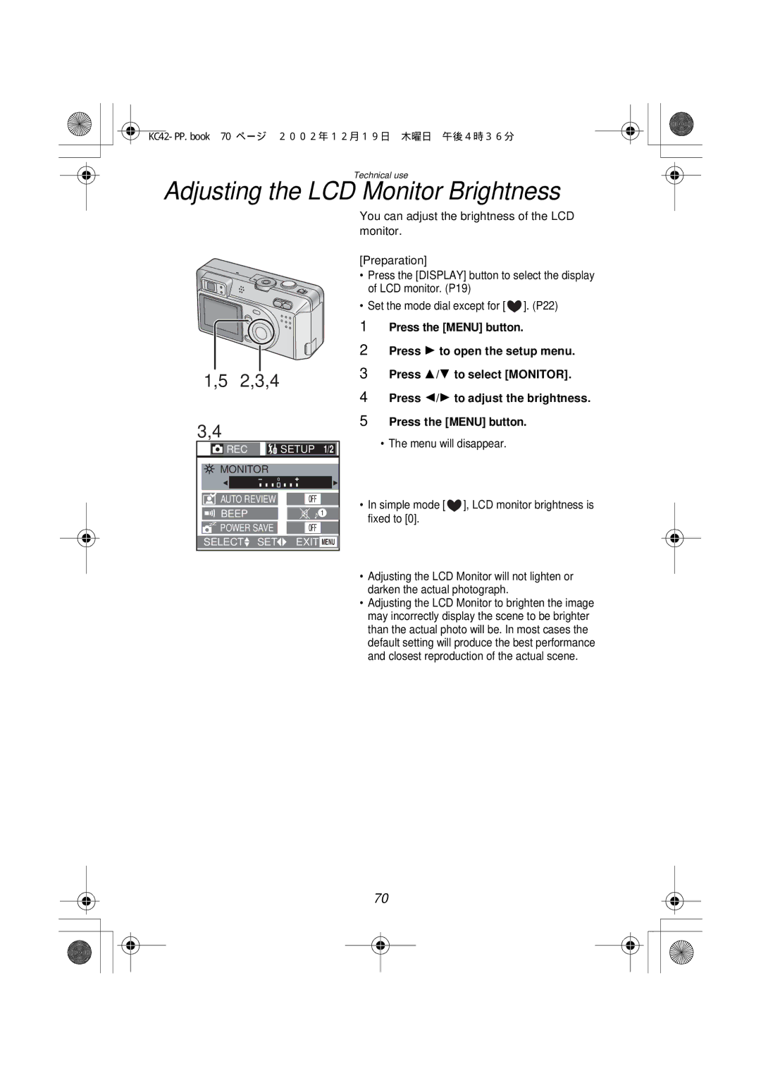 Panasonic DMC-F1PP manual Adjusting the LCD Monitor Brightness, 2,3,4 