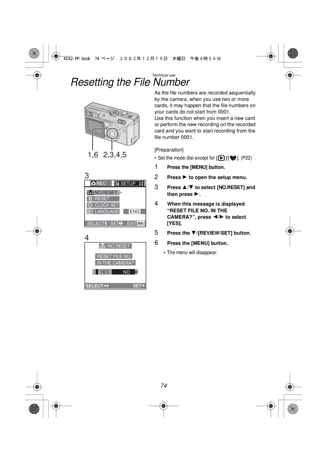 Panasonic DMC-F1PP manual Resetting the File Number, 2,3,4,5 