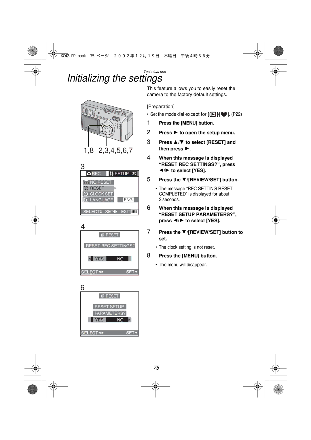 Panasonic DMC-F1PP manual Initializing the settings, Press the 4/REVIEW/SET button to set, Clock setting is not reset 