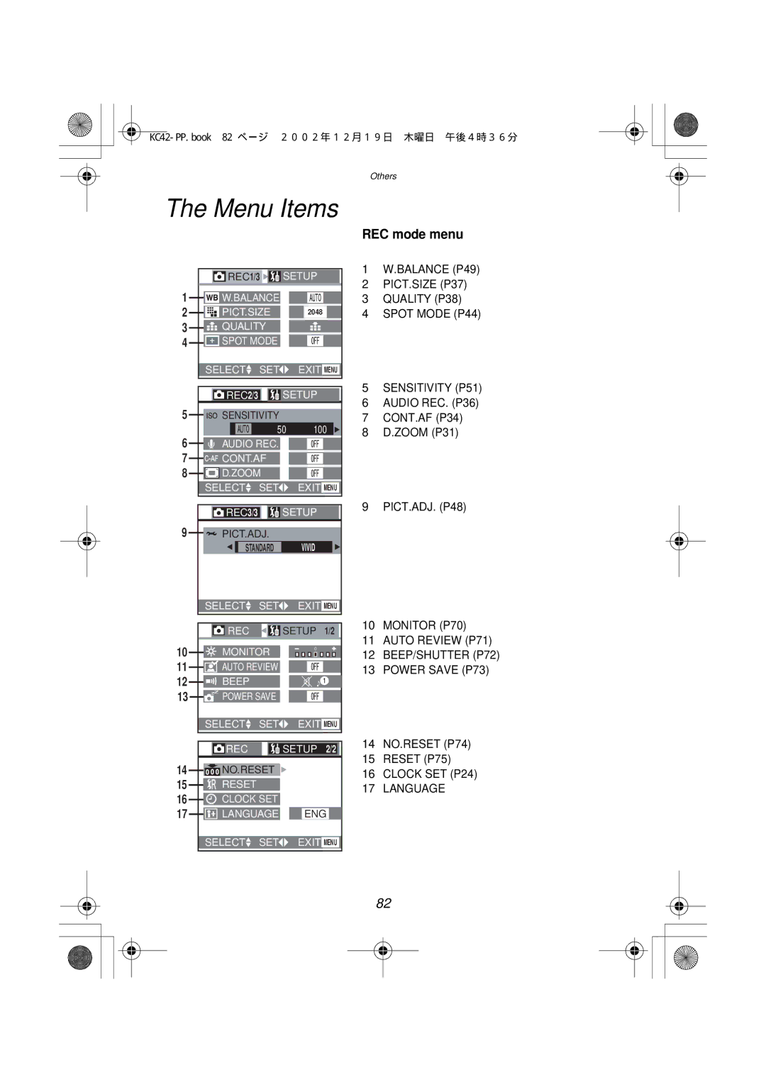 Panasonic DMC-F1PP manual Menu Items, REC mode menu, 14 NO.RESET P74 Reset P75 Clock SET P24 