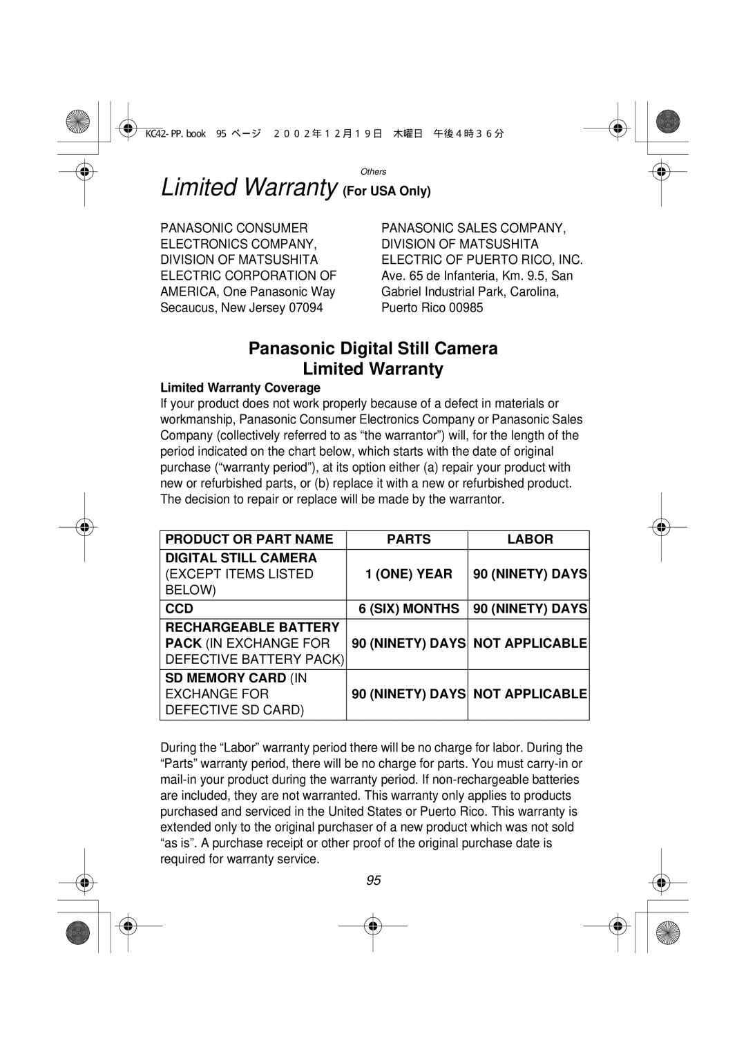 Panasonic DMC-F1PP manual Limited Warranty For USA Only, Limited Warranty Coverage 