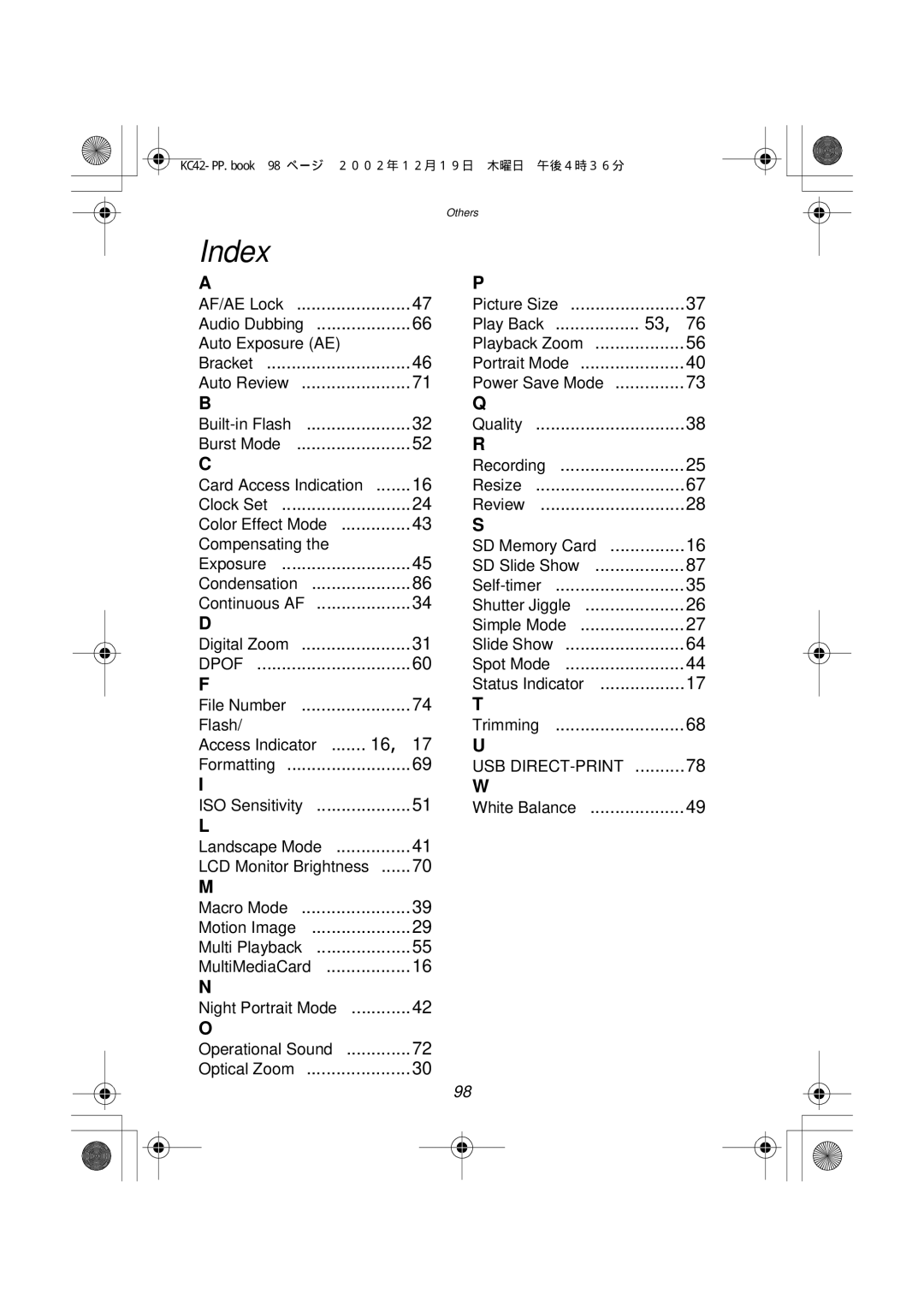 Panasonic DMC-F1PP manual Index, AF/AE Lock, Auto Review, LCD Monitor Brightness, SD Slide Show 