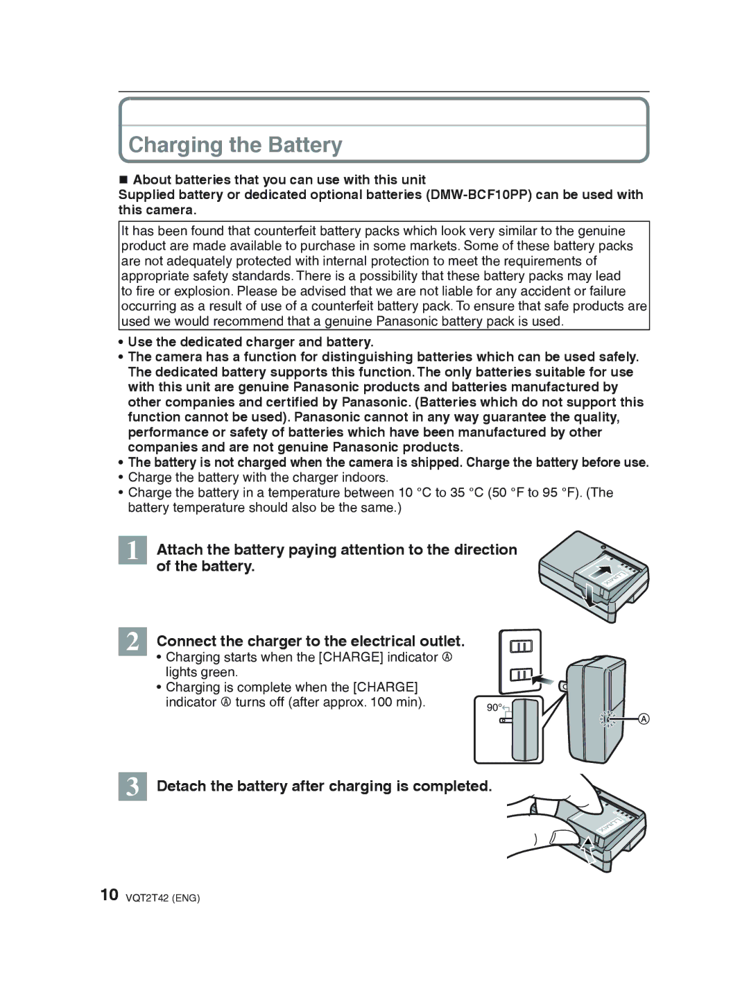 Panasonic DMC-F2 operating instructions Charging the Battery, Attach the battery paying attention to the direction 