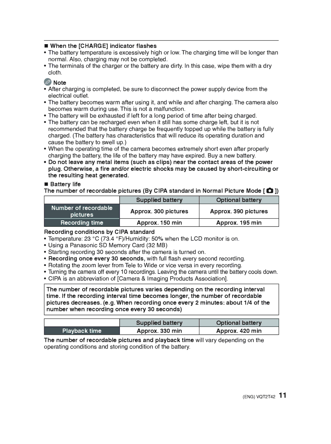 Panasonic DMC-F2 operating instructions „ When the Charge indicator ﬂashes, Recording conditions by Cipa standard 