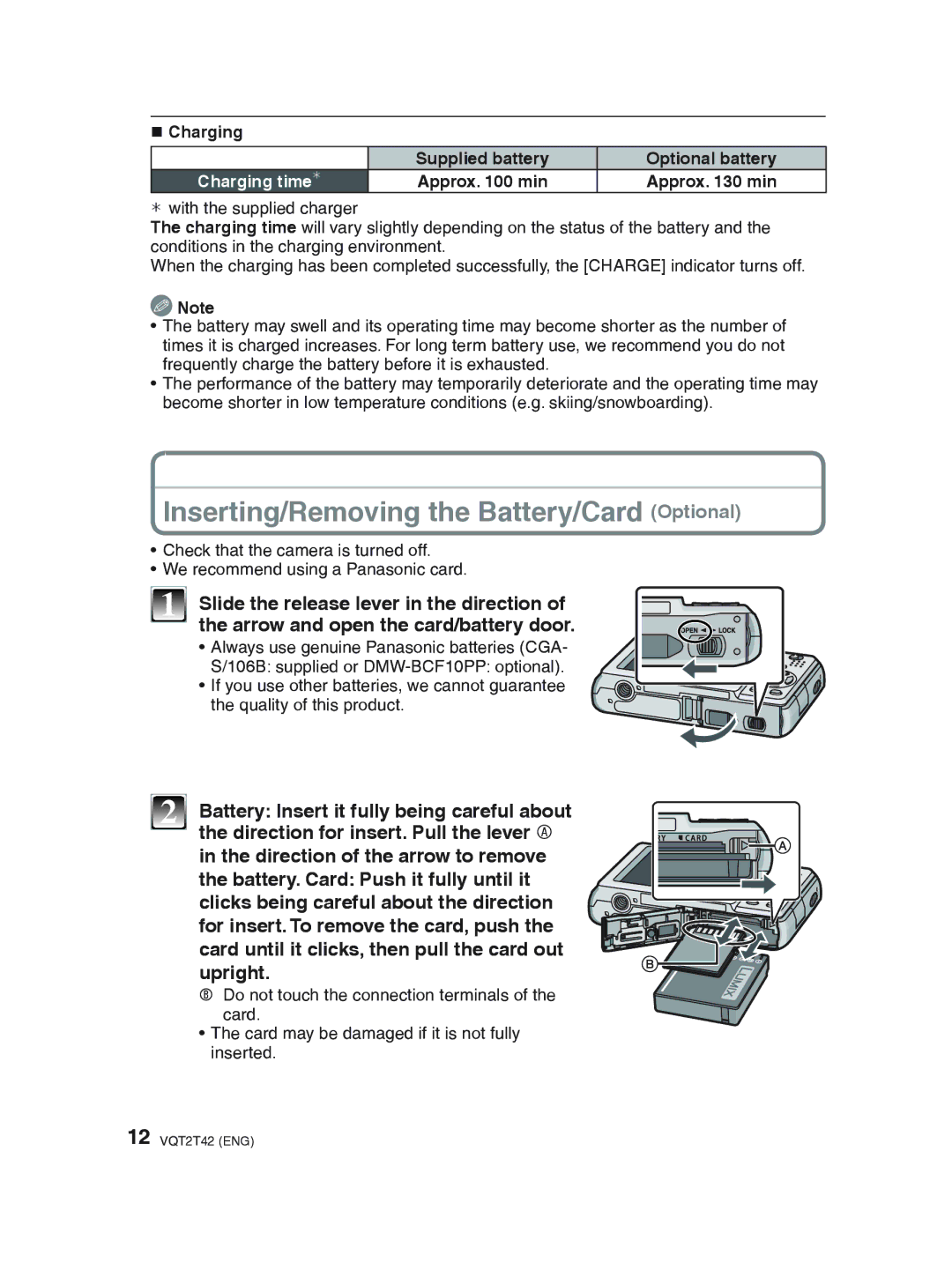 Panasonic DMC-F2 Inserting/Removing the Battery/Card Optional, Slide the release lever in the direction 