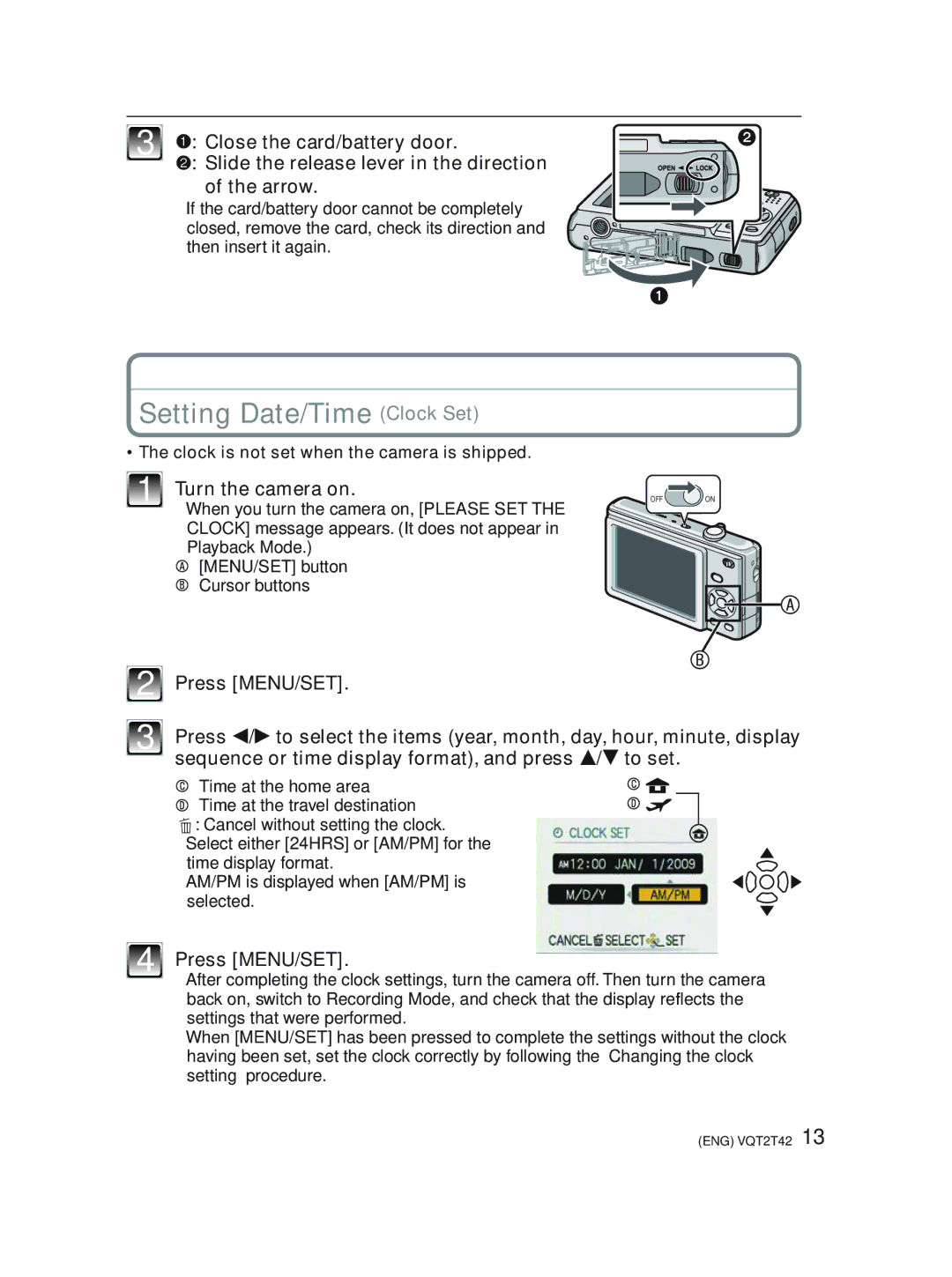 Panasonic DMC-F2 operating instructions Setting Date/Time Clock Set, Turn the camera on, Press MENU/SET 