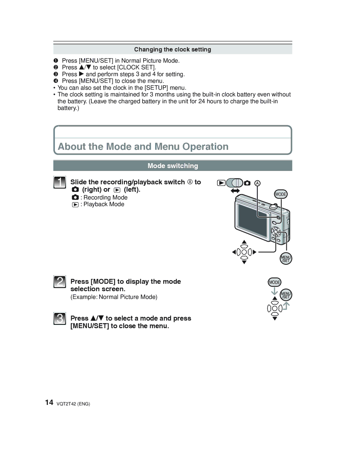 Panasonic DMC-F2 operating instructions About the Mode and Menu Operation, Mode switching 