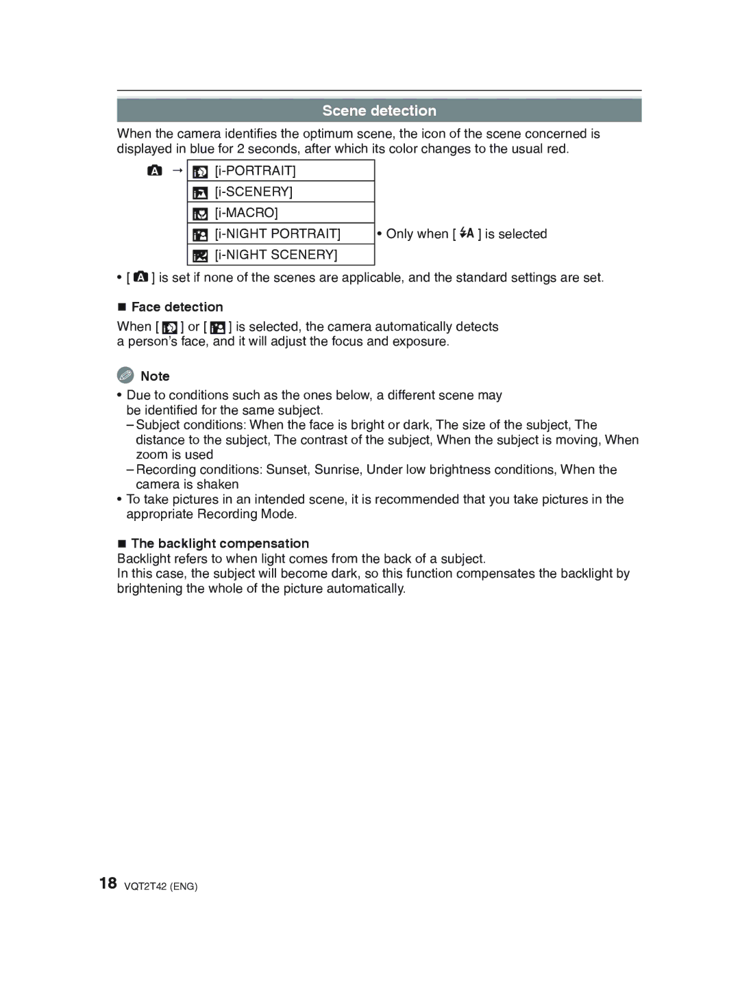 Panasonic DMC-F2 operating instructions Scene detection, „ Face detection, „ The backlight compensation 