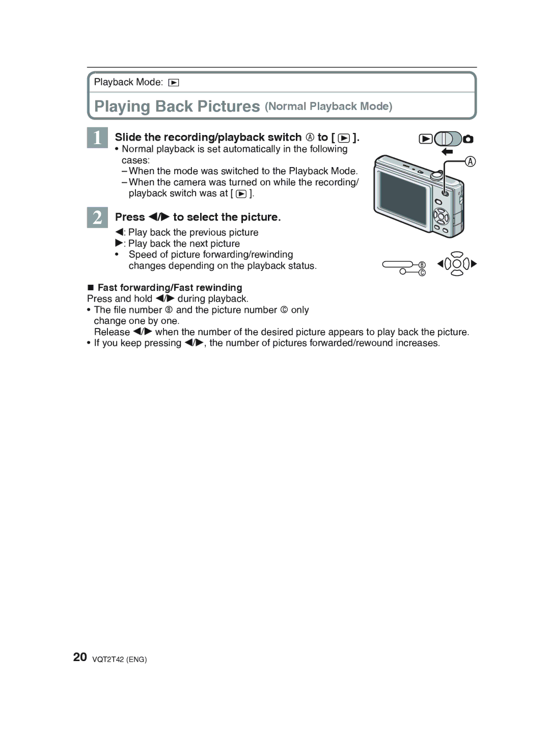 Panasonic DMC-F2 Playing Back Pictures Normal Playback Mode, Slide the recording/playback switch a to 