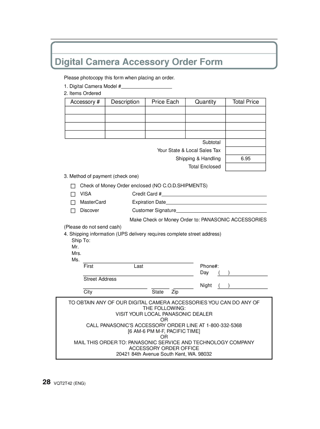 Panasonic DMC-F2 Digital Camera Accessory Order Form, Accessory # Description Price Each Quantity Total Price 