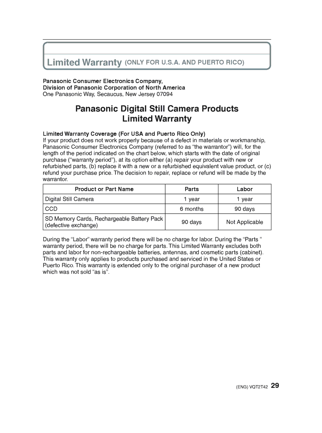 Panasonic DMC-F2 Limited Warranty Coverage For USA and Puerto Rico Only, Product or Part Name Parts Labor 