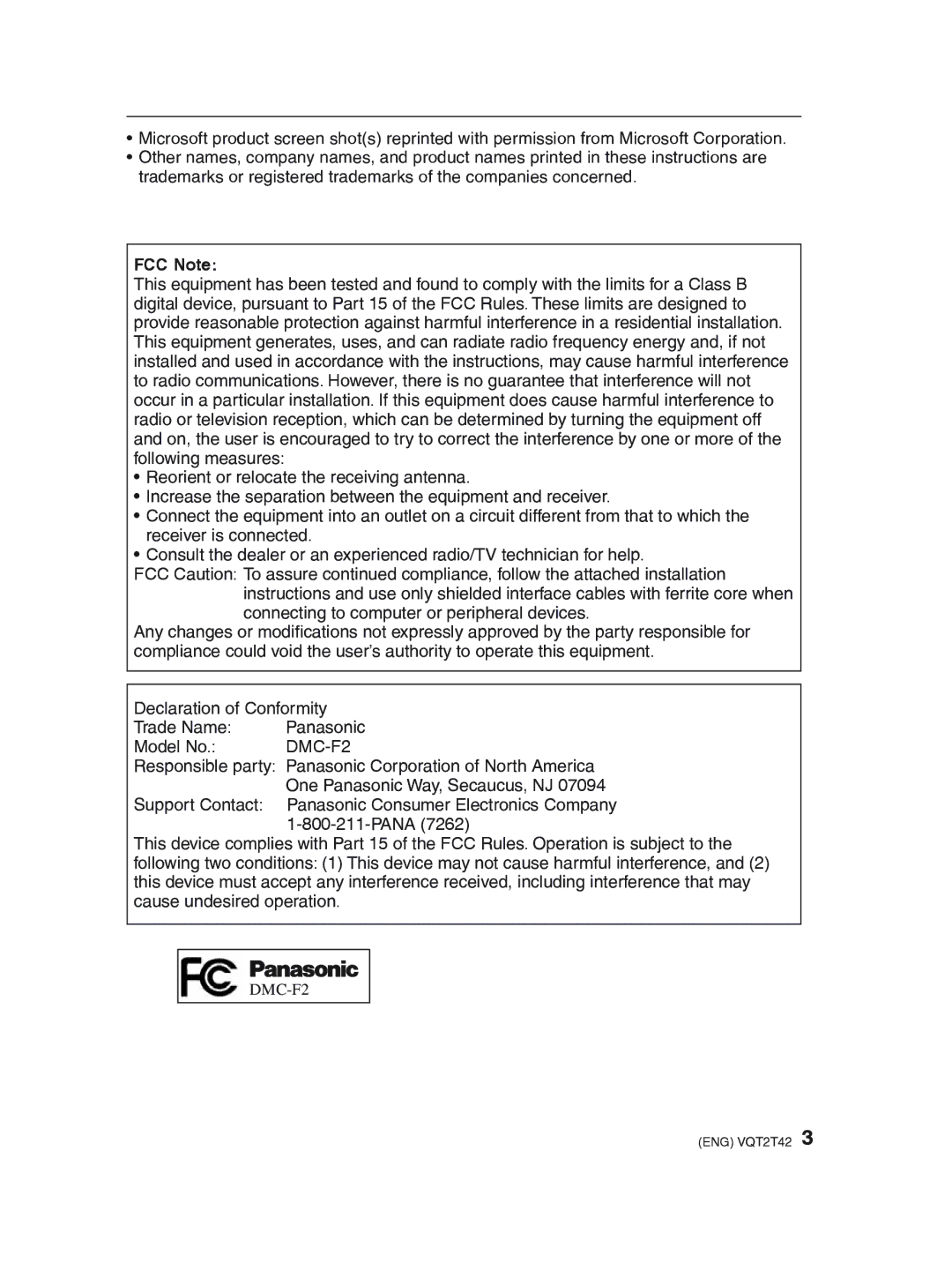 Panasonic DMC-F2 operating instructions FCC Note 