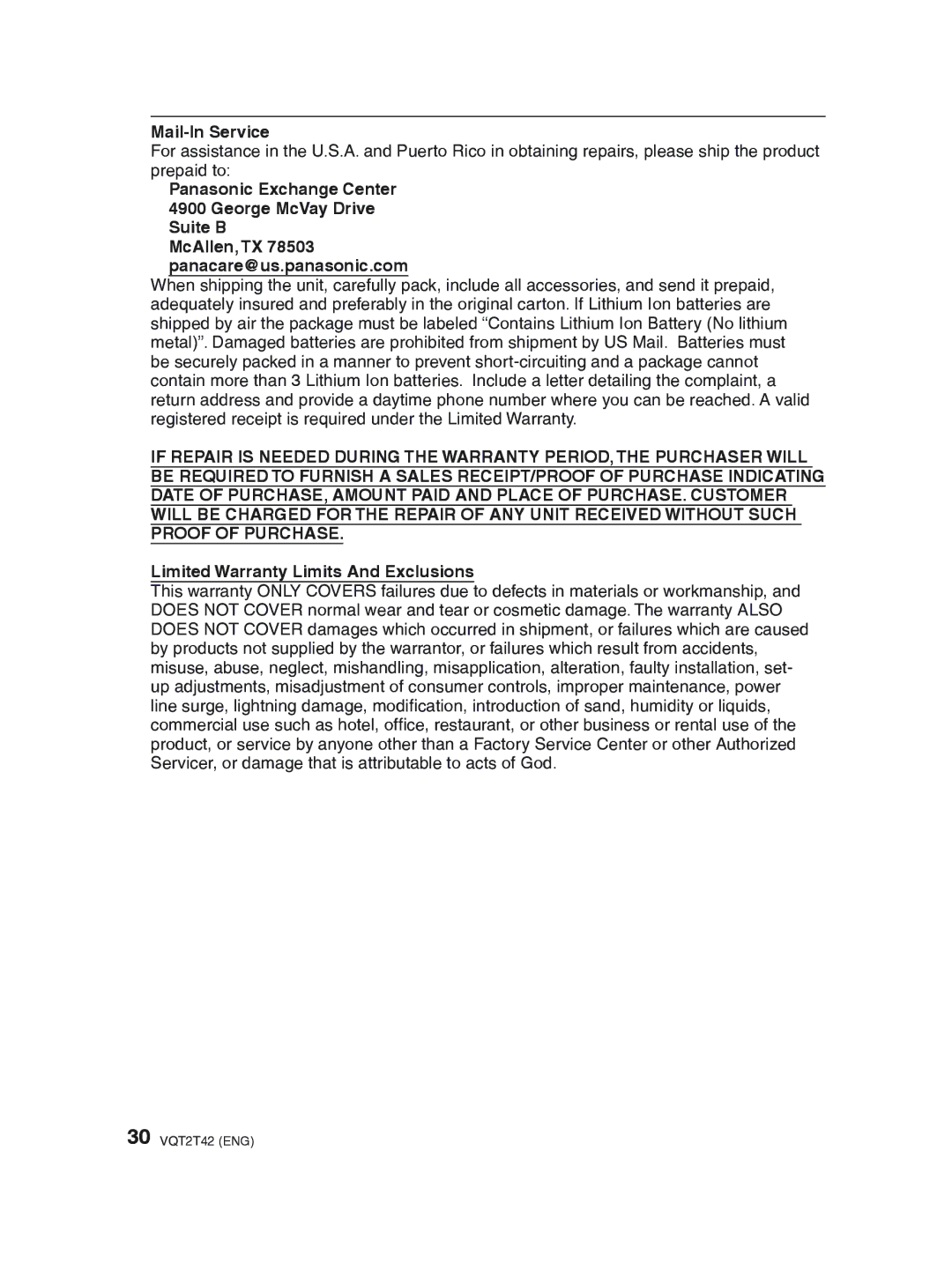 Panasonic DMC-F2 operating instructions Mail-In Service, Panasonic Exchange Center George McVay Drive Suite B 