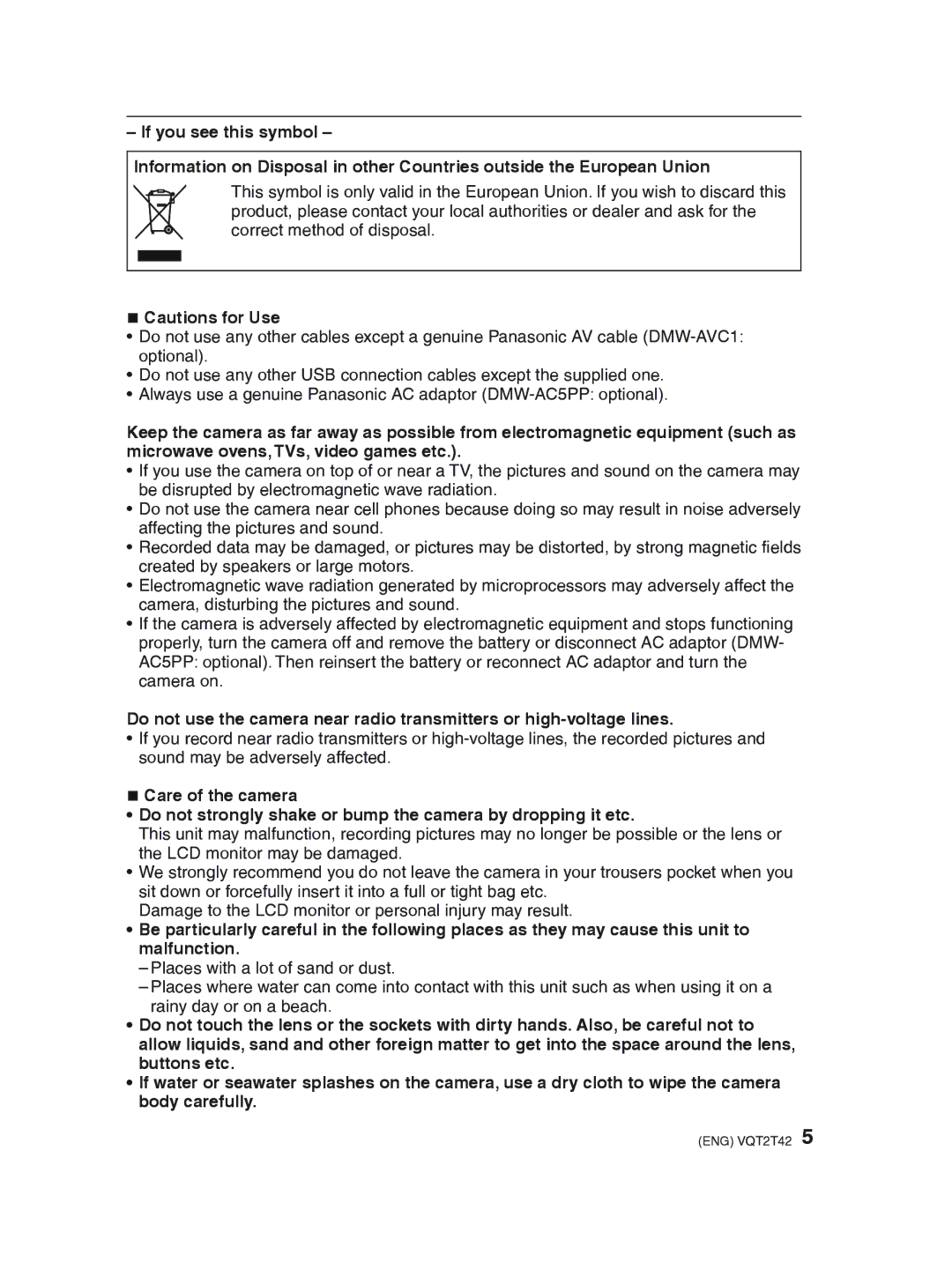 Panasonic DMC-F2 operating instructions „ Cautions for Use 