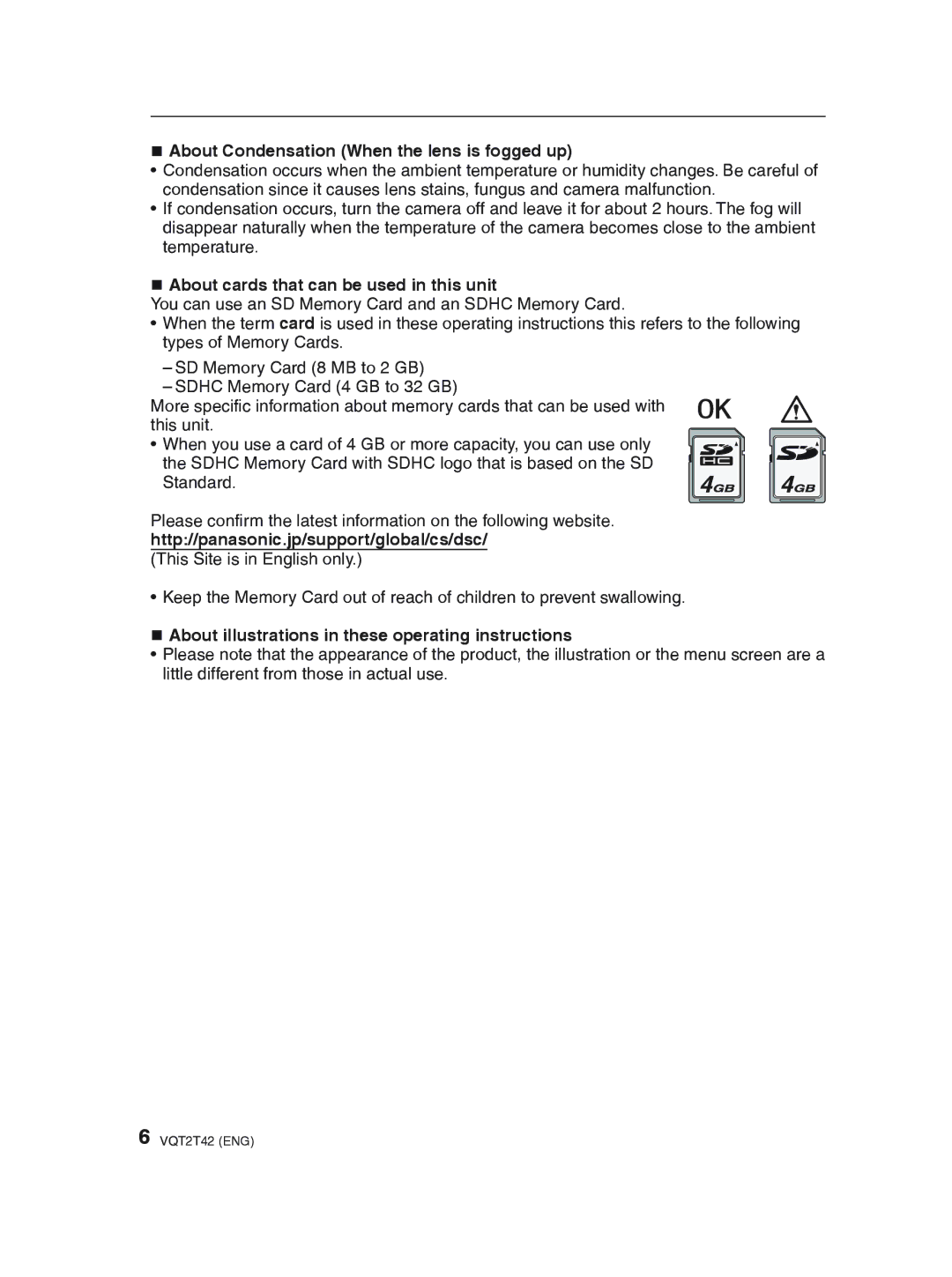 Panasonic DMC-F2 „ About Condensation When the lens is fogged up, „ About cards that can be used in this unit 