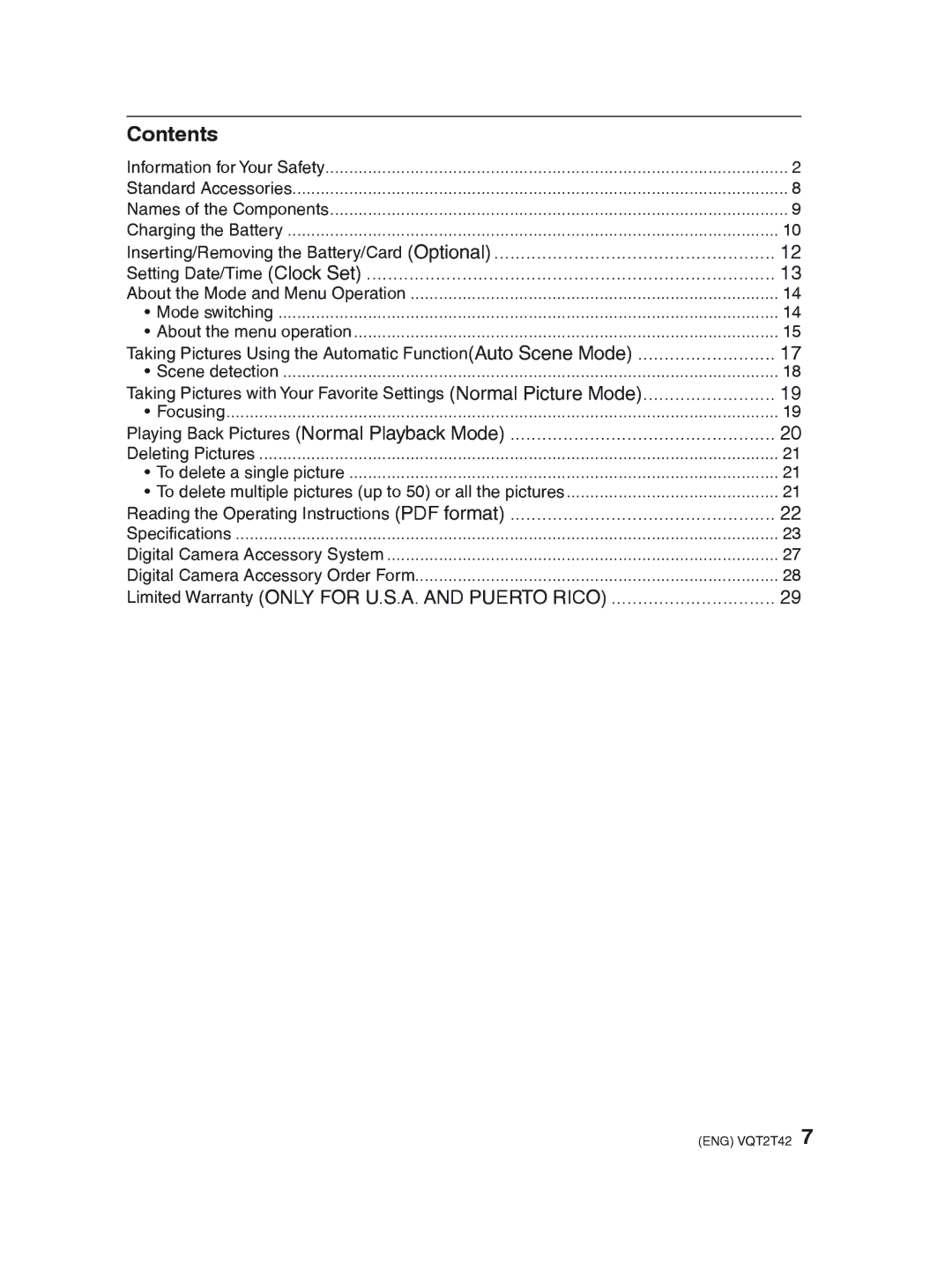 Panasonic DMC-F2 operating instructions Contents 