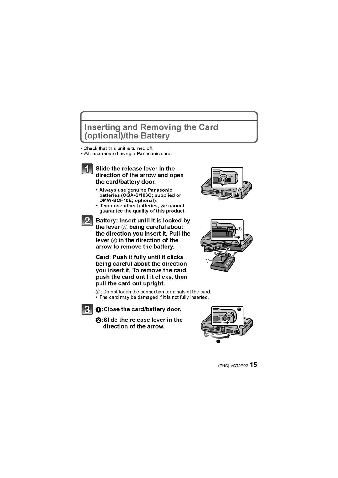 Panasonic DMC-F4, DMC-F3 operating instructions Inserting and Removing the Card optional/the Battery 