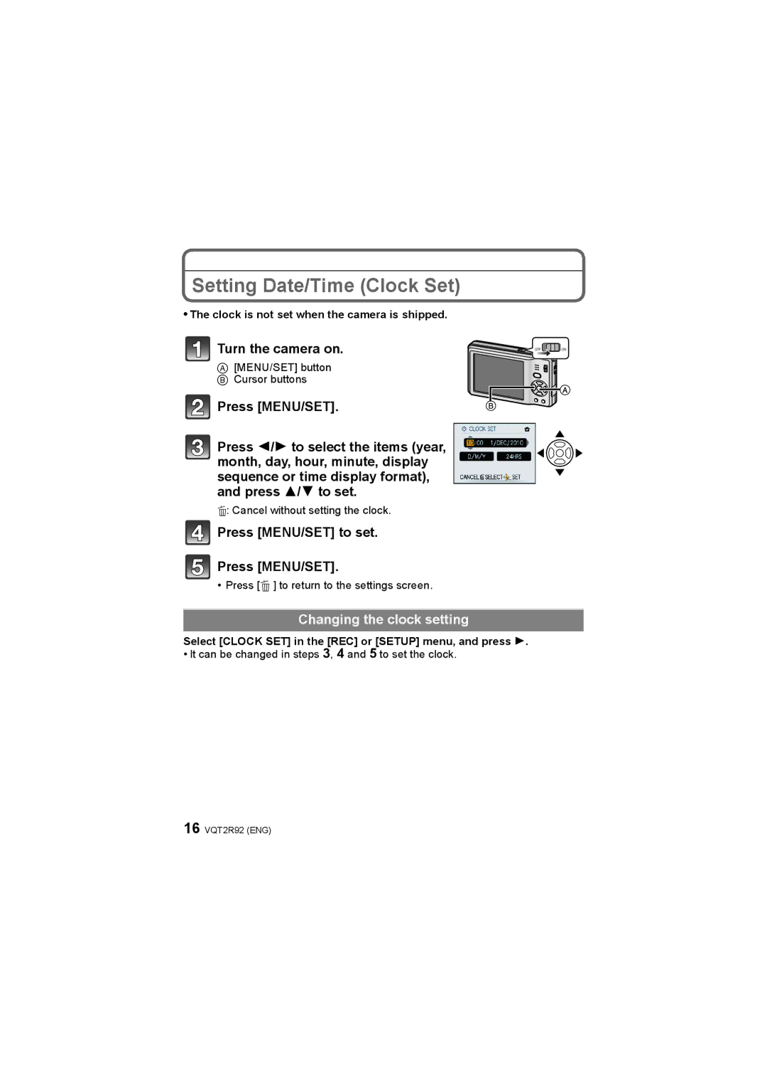 Panasonic DMC-F3, DMC-F4 operating instructions Setting Date/Time Clock Set, Changing the clock setting 