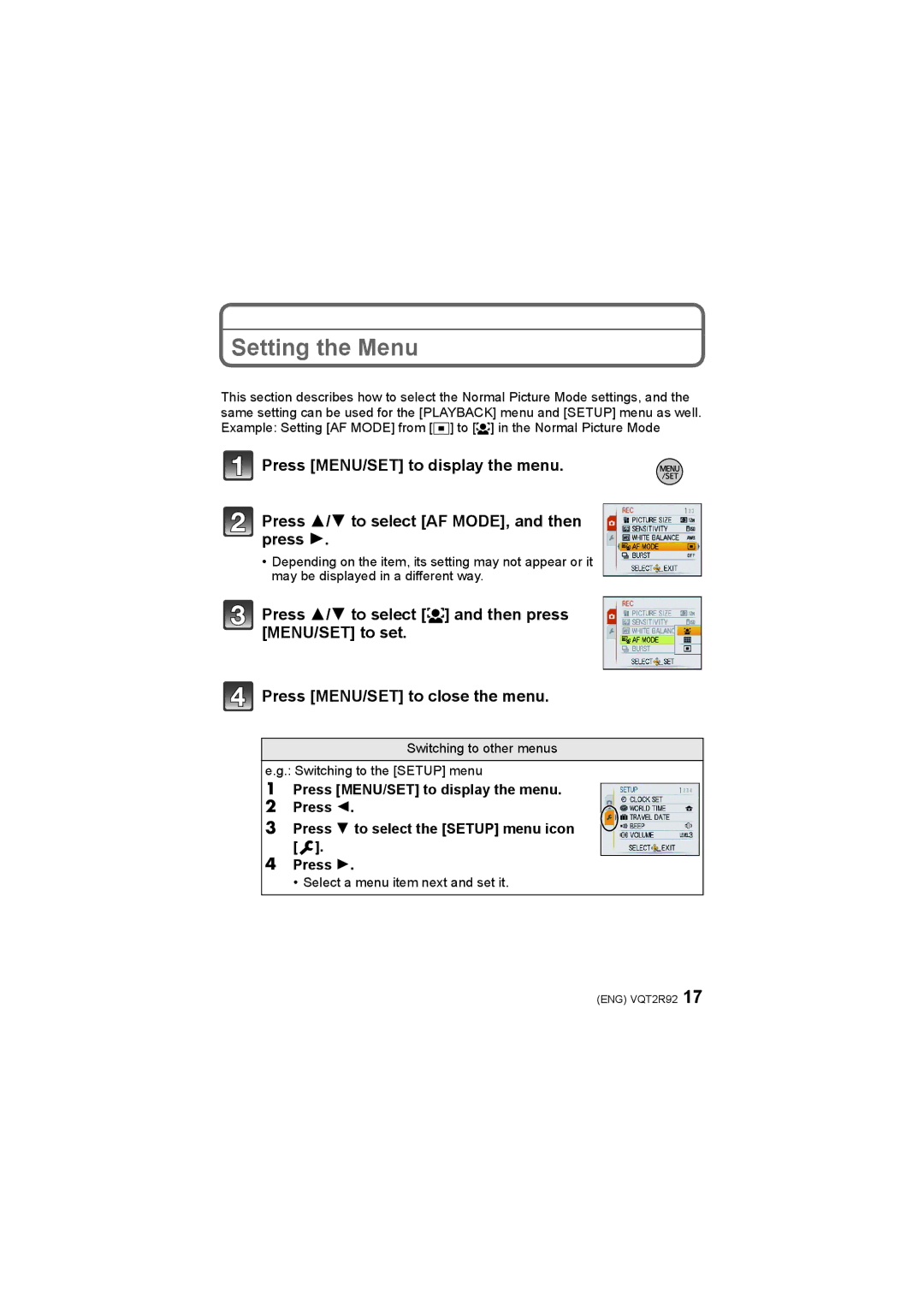 Panasonic DMC-F4, DMC-F3 operating instructions Setting the Menu 