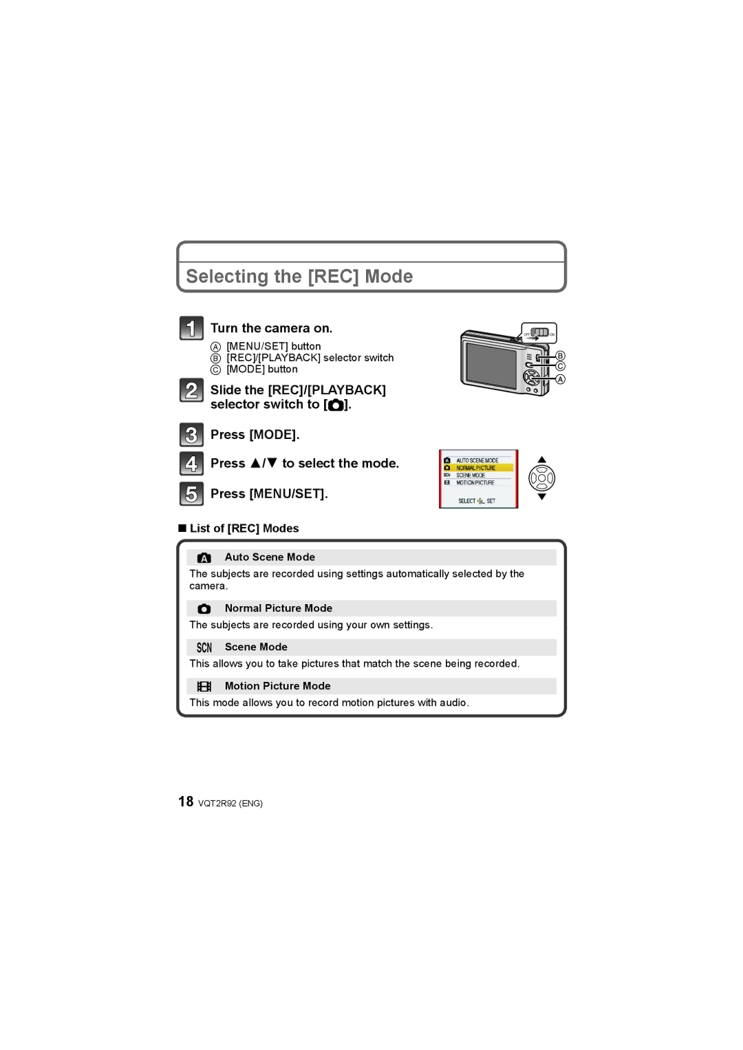 Panasonic DMC-F3, DMC-F4 operating instructions Selecting the REC Mode, List of REC Modes 