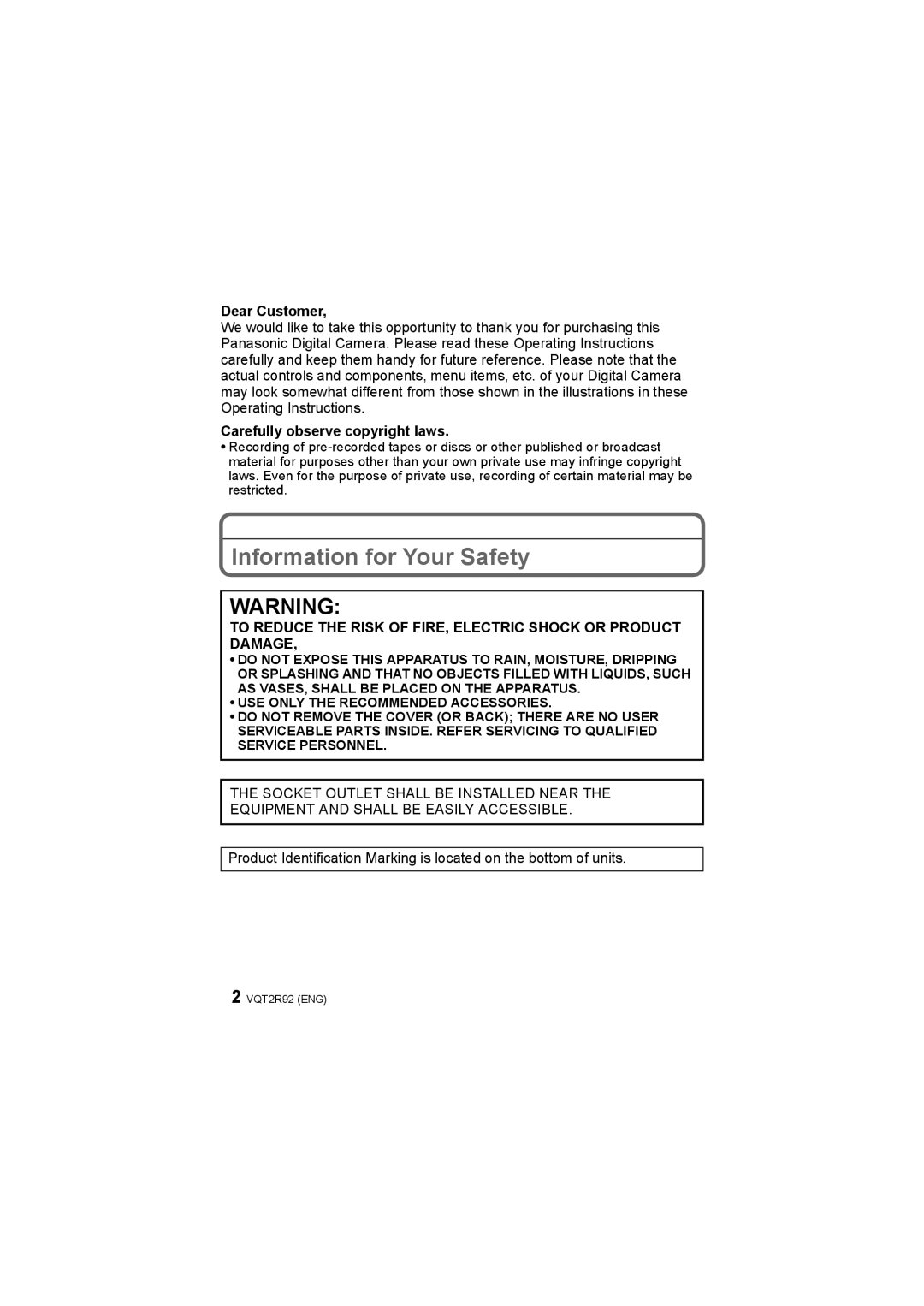 Panasonic DMC-F3, DMC-F4 operating instructions Information for Your Safety, Dear Customer, Carefully observe copyright laws 