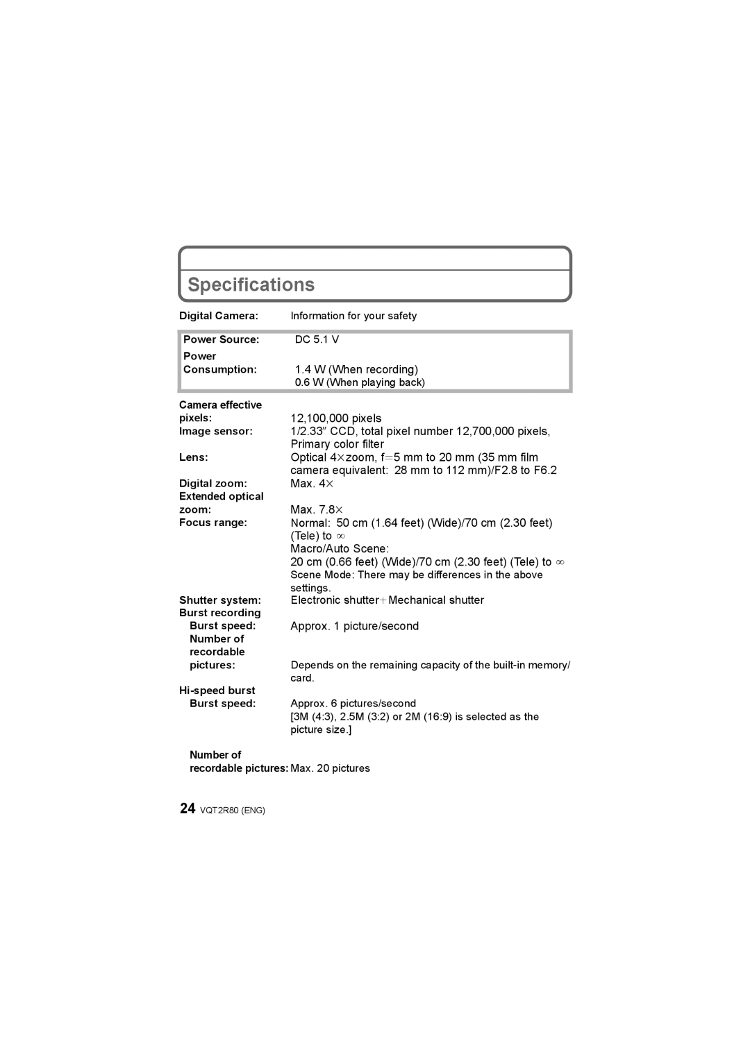 Panasonic DMC-F3 operating instructions Specifications 