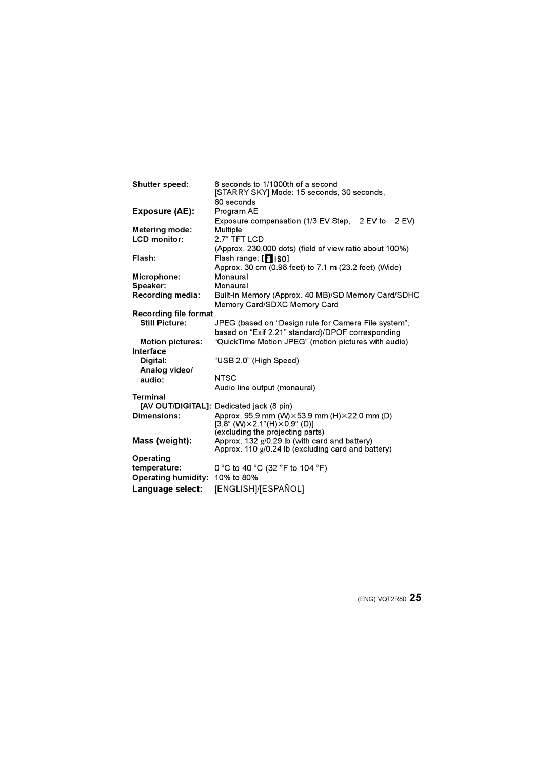 Panasonic DMC-F3 operating instructions Exposure AE, Language select ENGLISH/ESPAÑOL 