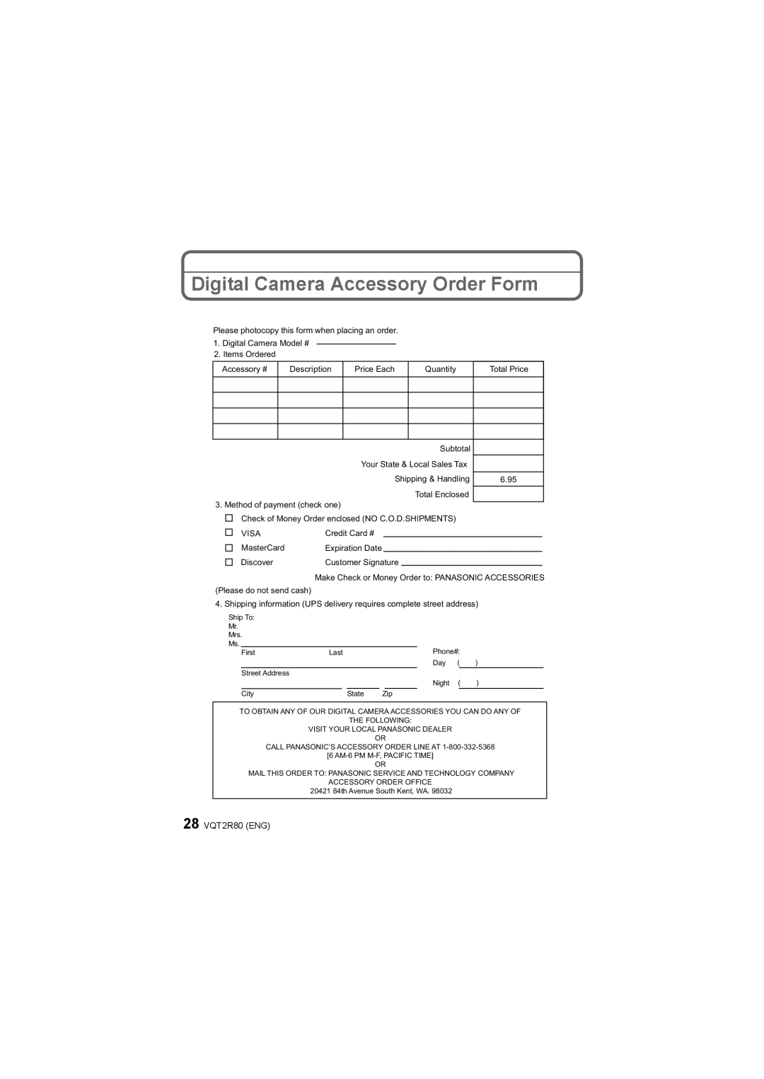 Panasonic DMC-F3 operating instructions Digital Camera Accessory Order Form, Visa 