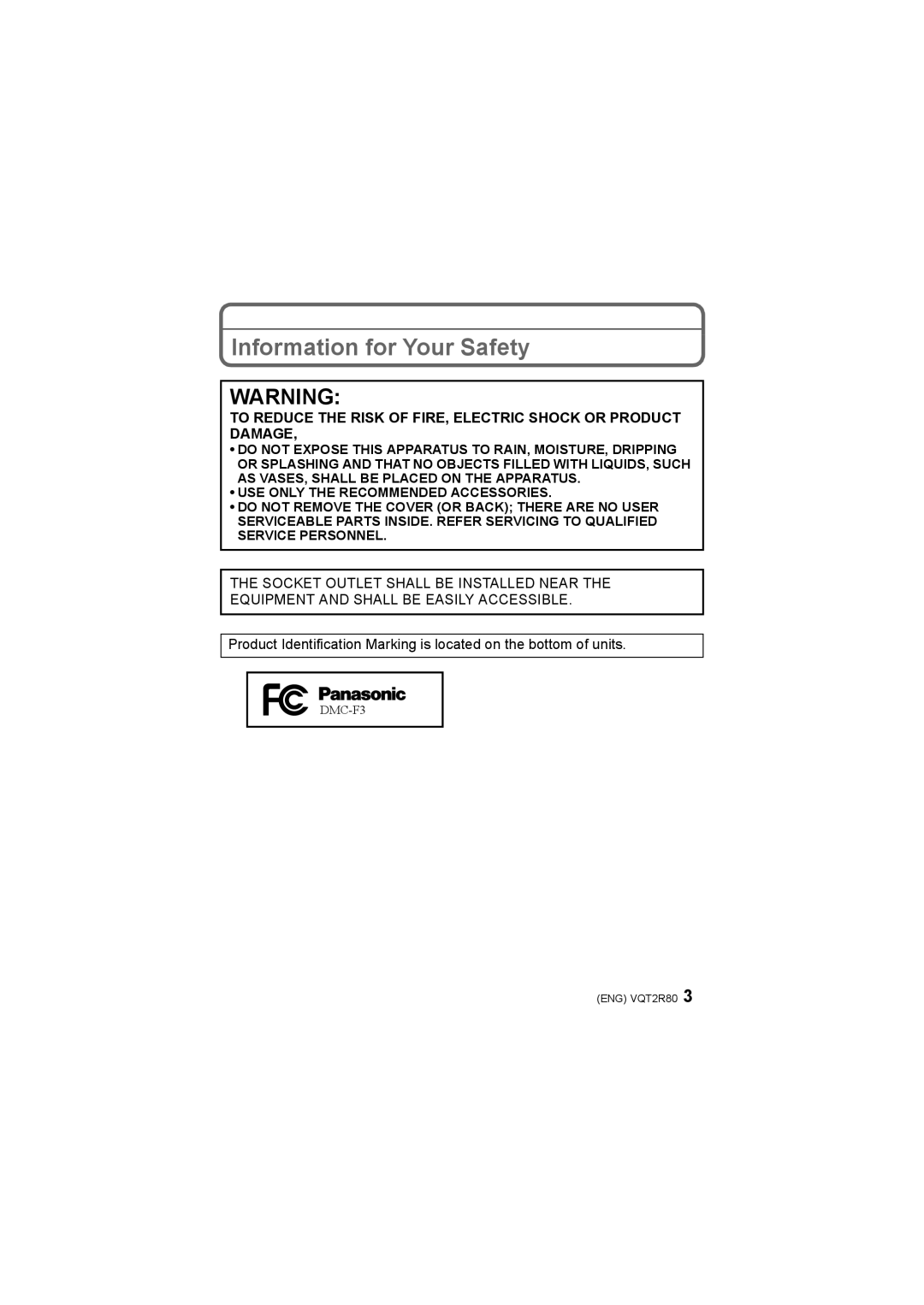 Panasonic DMC-F3 operating instructions Information for Your Safety 