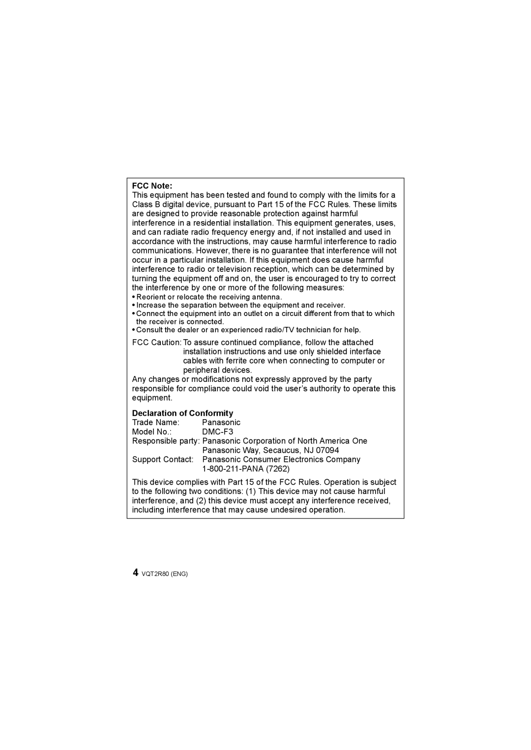 Panasonic DMC-F3 operating instructions FCC Note, Declaration of Conformity, Trade Name Panasonic Model No 