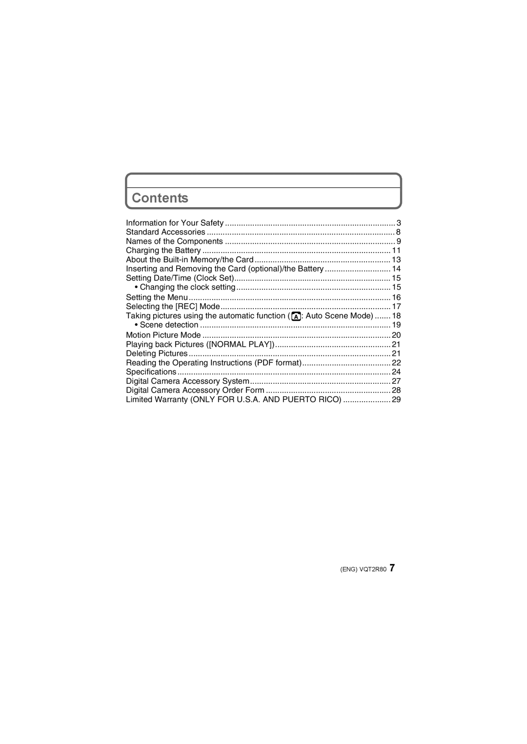 Panasonic DMC-F3 operating instructions Contents 