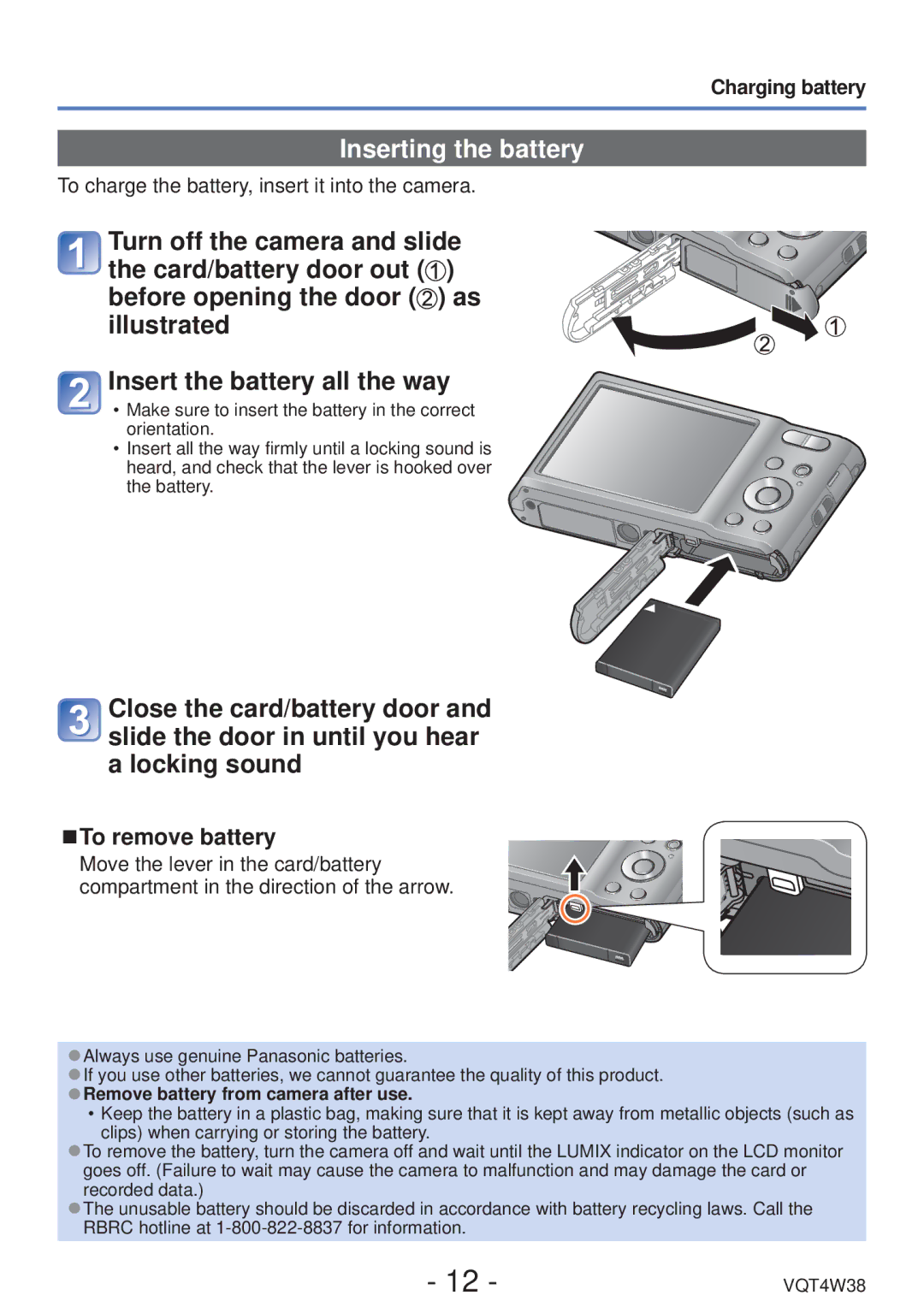 Panasonic DMC-F5 owner manual Inserting the battery, To remove battery, Charging battery 